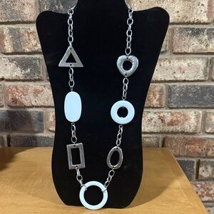 80s Retro Vintage White and Silvertone Geometric Necklace